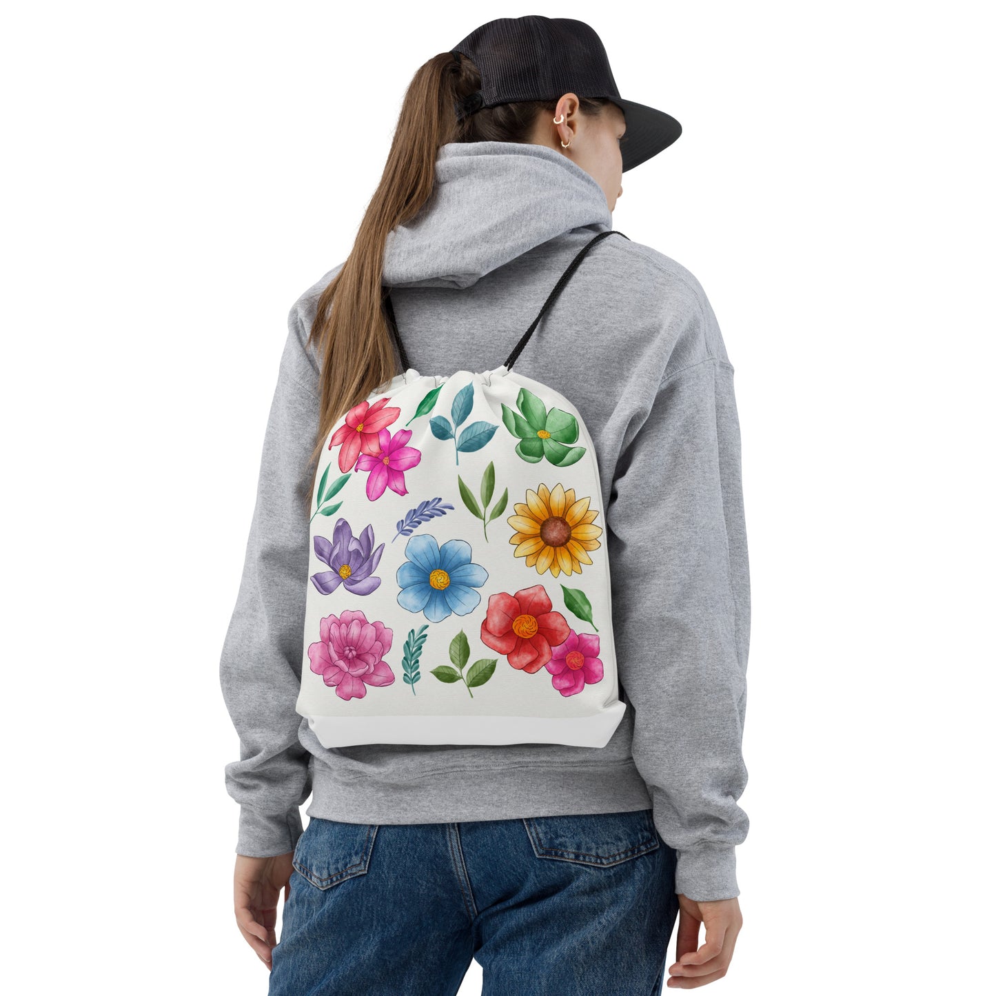 Painted Flowers Drawstring Bag