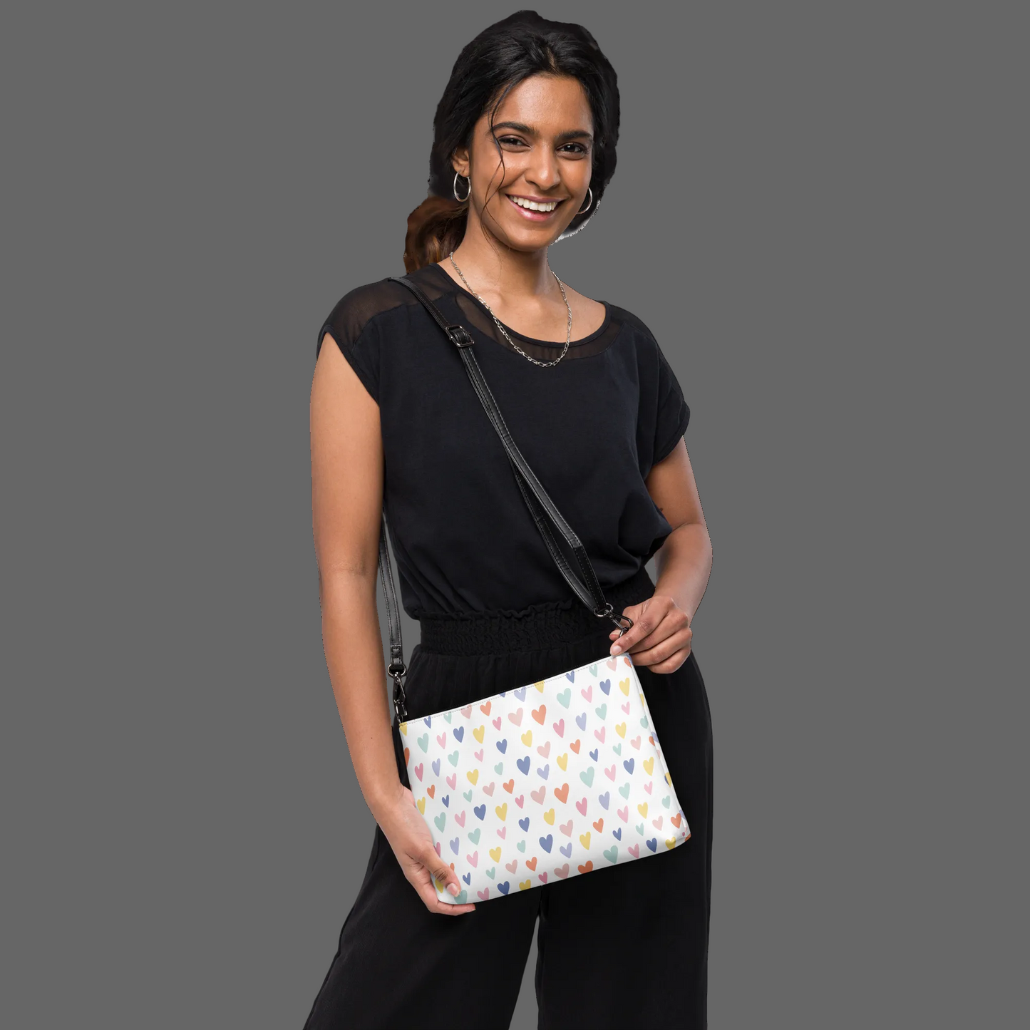 All‑Hearts Crossbody Bag – Faux Leather Heart Print Purse with Removable Straps