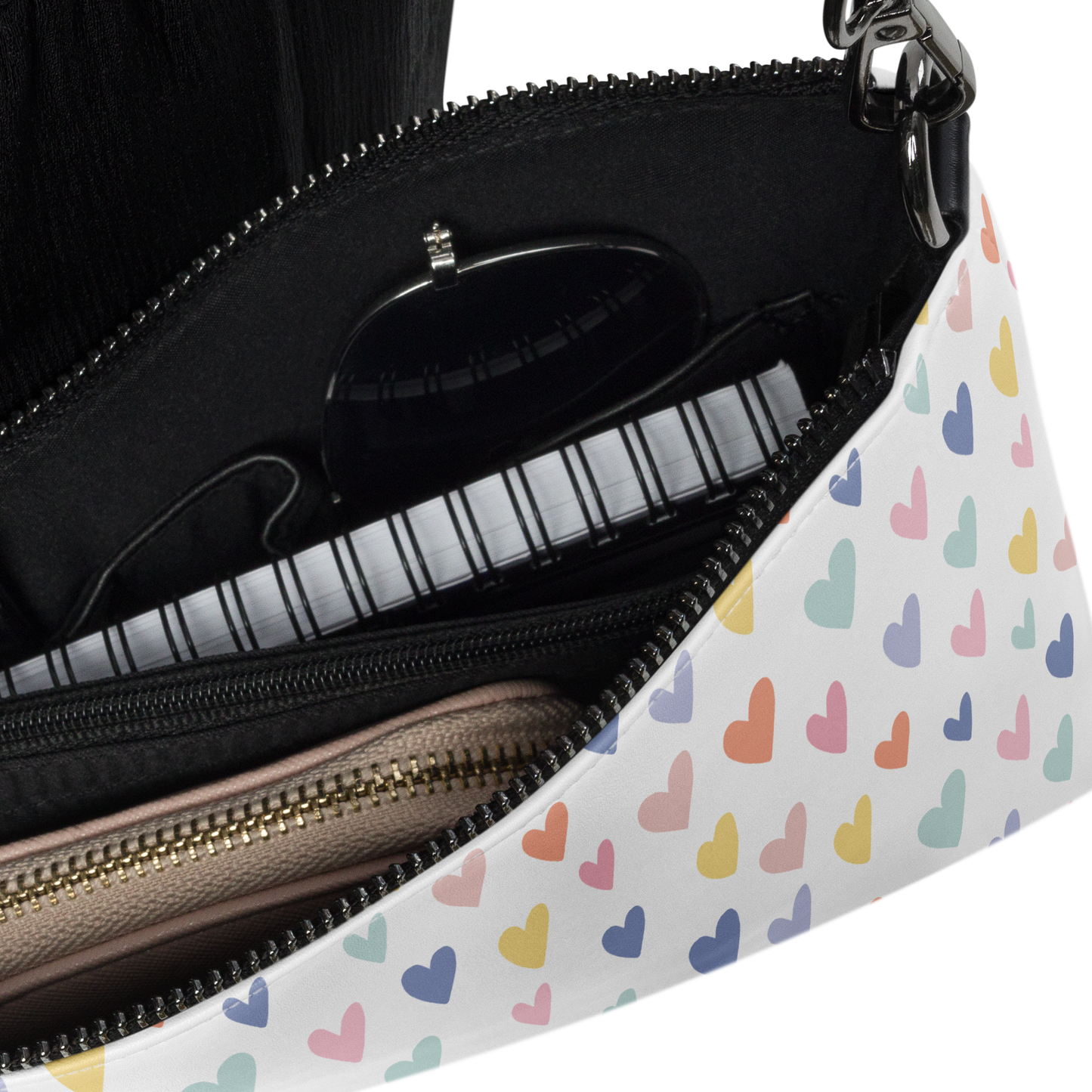 All‑Hearts Crossbody Bag – Faux Leather Heart Print Purse with Removable Straps